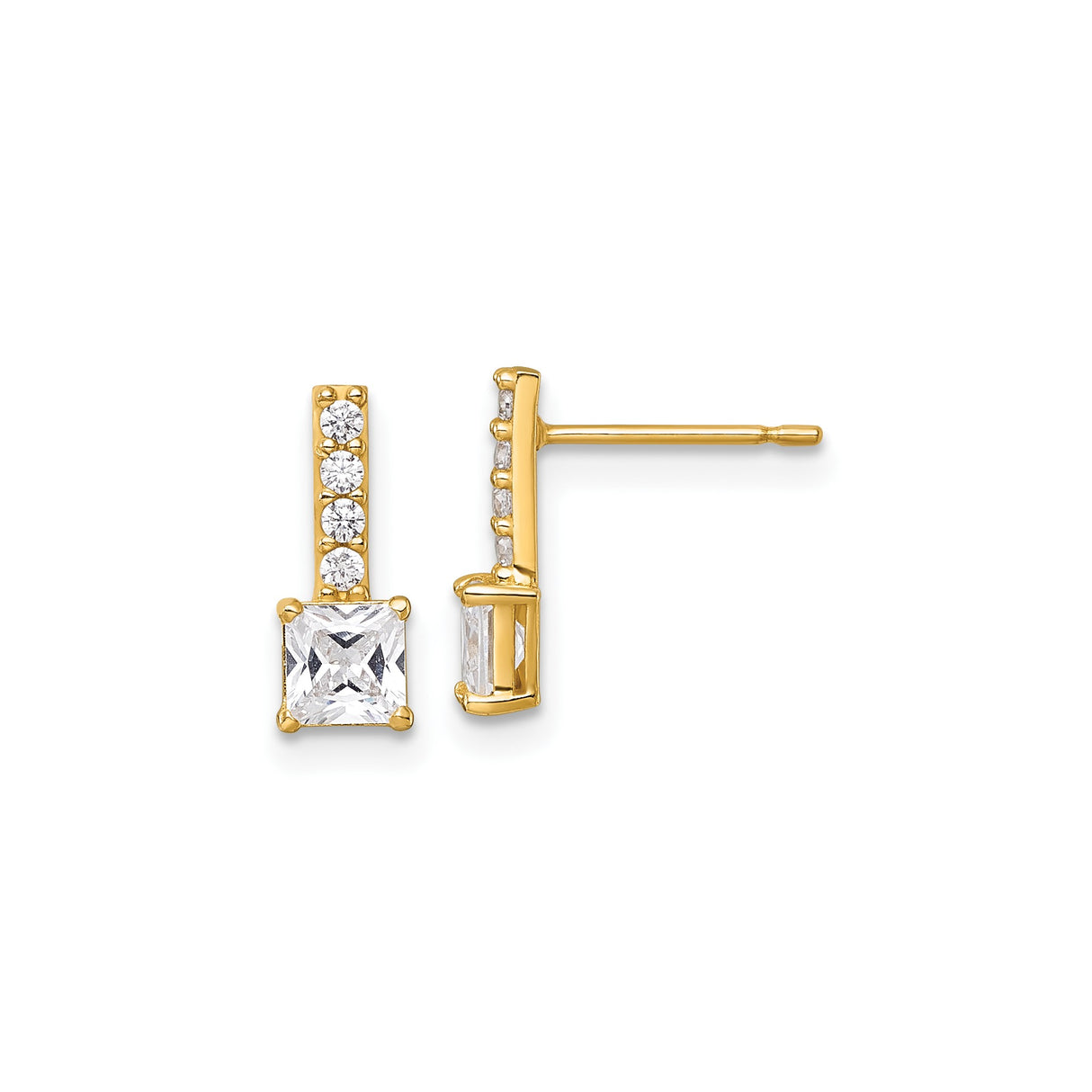 14k Yellow Gold Drop Earrings with Princess Cut Cubic Zirconia and Vertical Accents