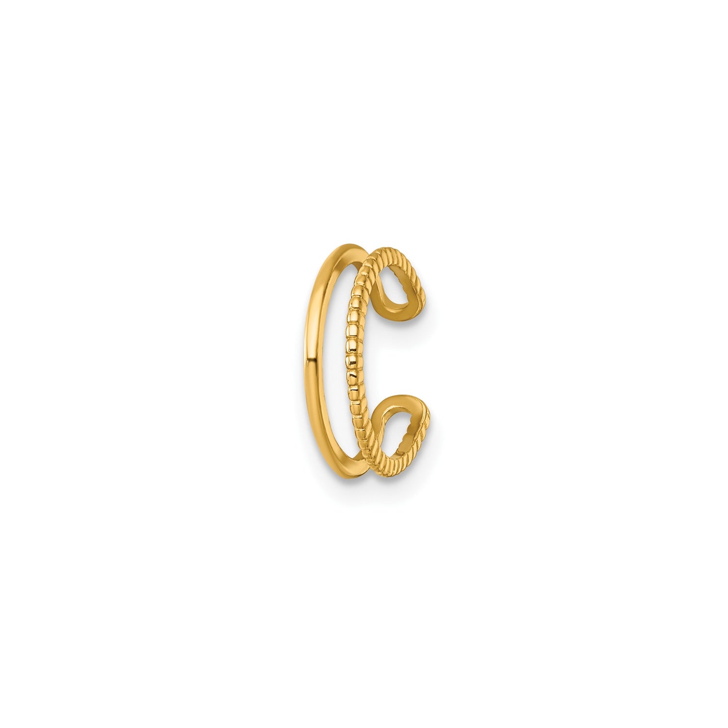 14k Yellow Gold Ear Cuff with Polished and Textured Rope Bands, Dual Band Design