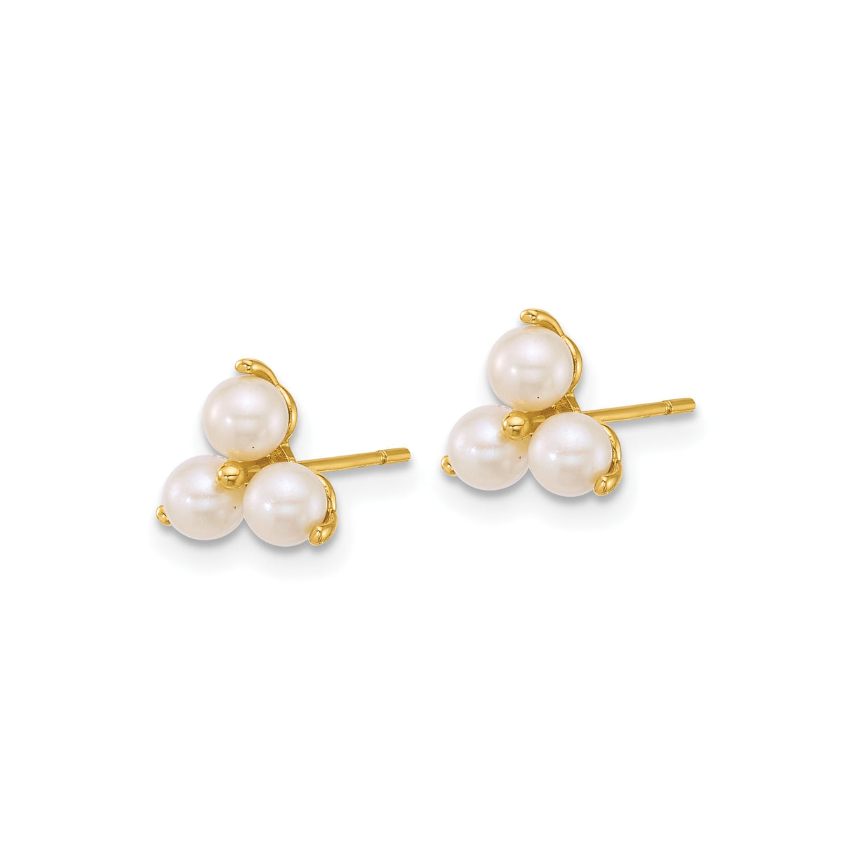 14k Yellow Gold Stud Earrings with Triangular Cultured Pearl Cluster Design