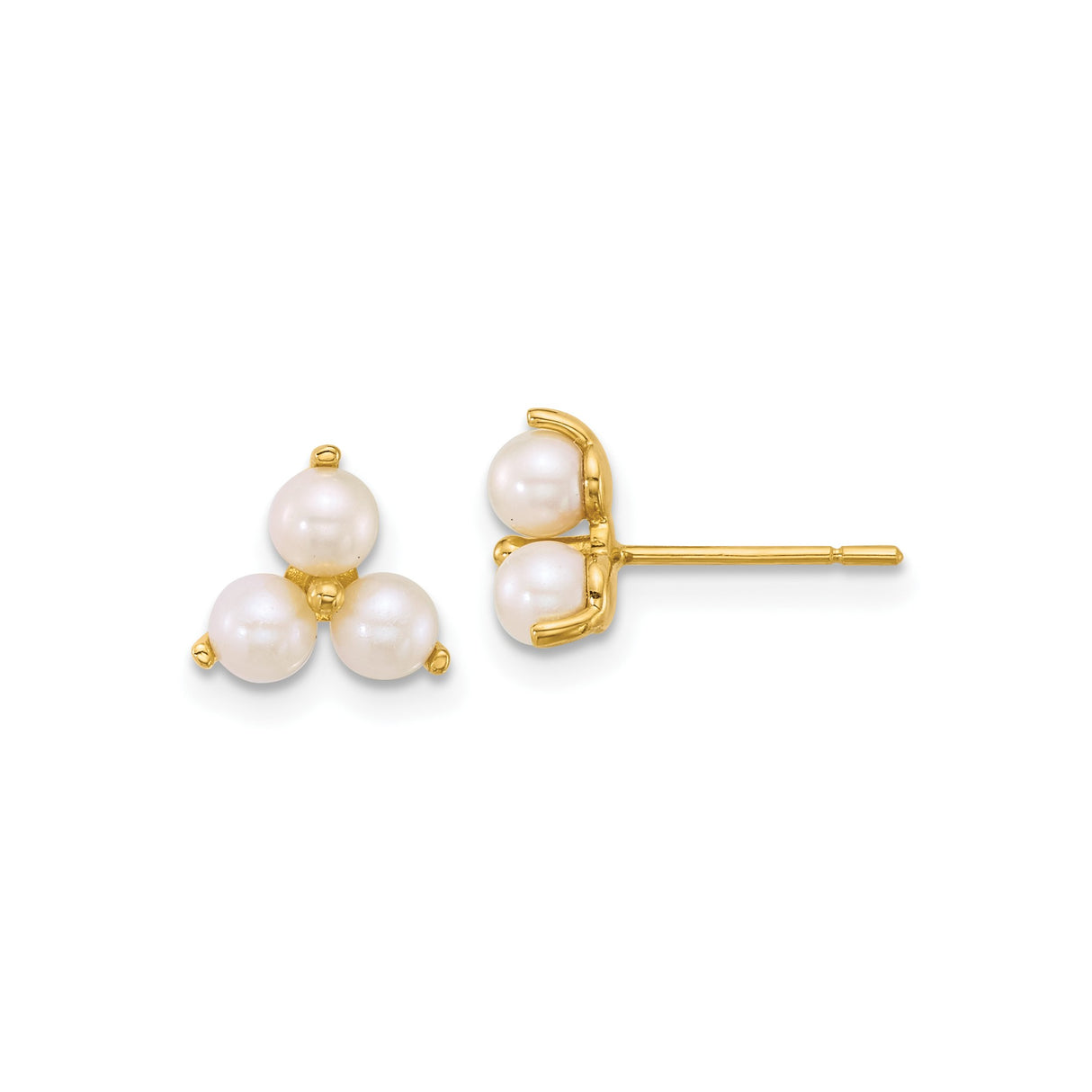 14k Yellow Gold Stud Earrings with Triangular Cultured Pearl Cluster Design