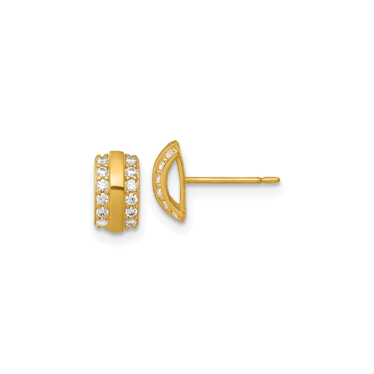 14k Yellow Gold Huggie Stud Earrings with Cubic Zirconia, Double Row Channel-Set, Modern Minimal Design