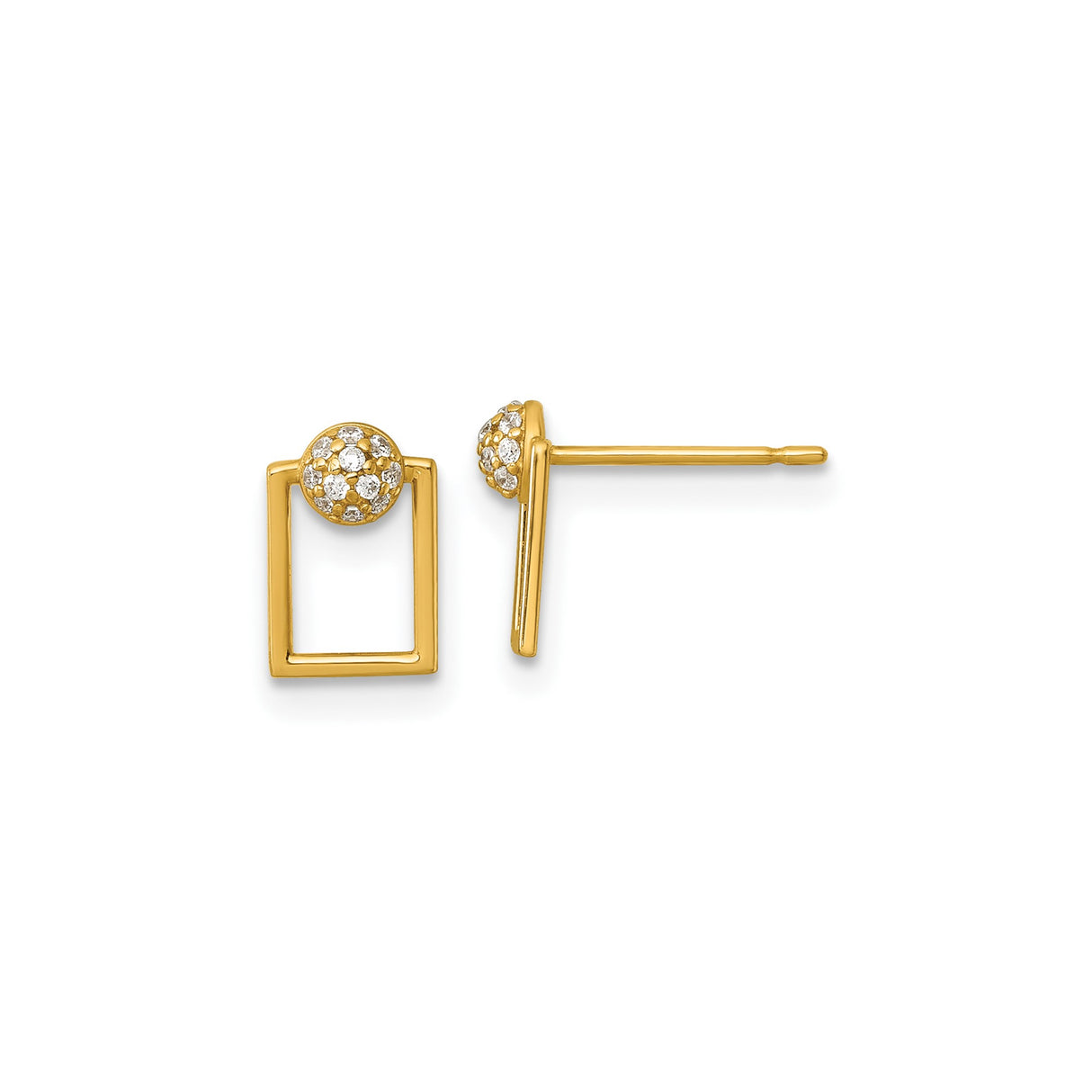 14k Yellow Gold Rectangle Stud Earrings with Cubic Zirconia, Geometric Open Design