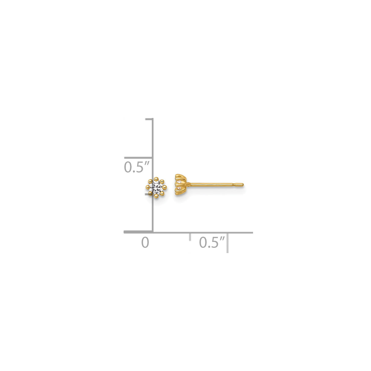 14k Yellow Gold Stud Earrings with Cubic Zirconia in Six Prong Flower Setting, Solitaire Style