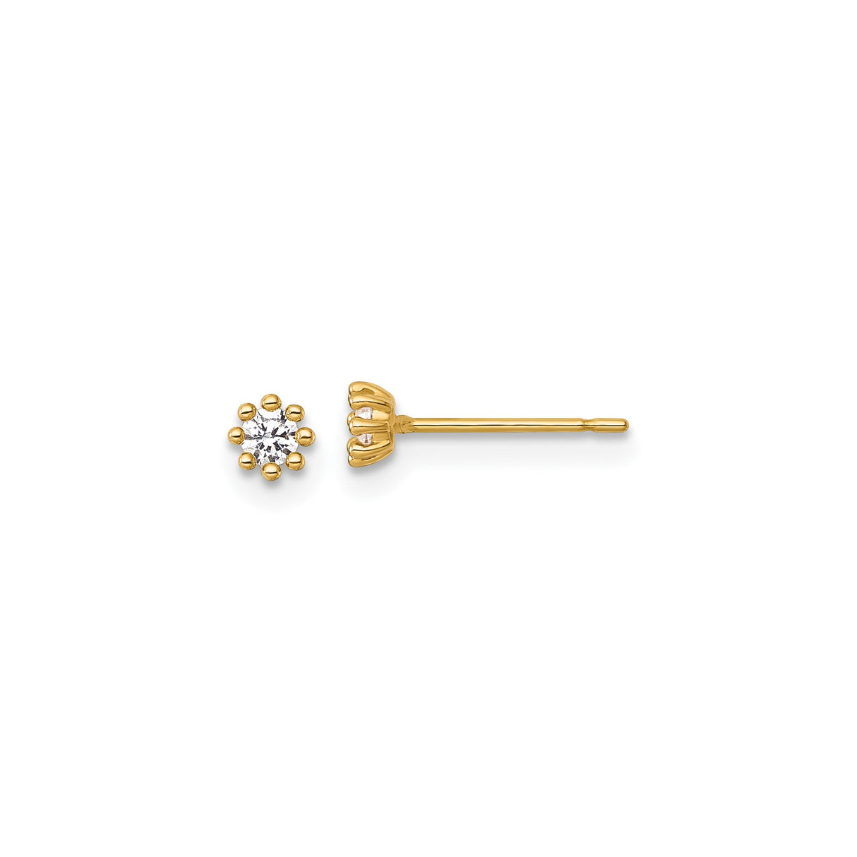 14k Yellow Gold Stud Earrings with Cubic Zirconia in Six Prong Flower Setting, Solitaire Style