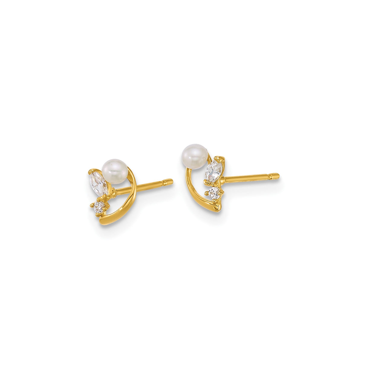 14k Yellow Gold Stud Earrings with Cultured Pearl and Cubic Zirconia Accents, Curved Design