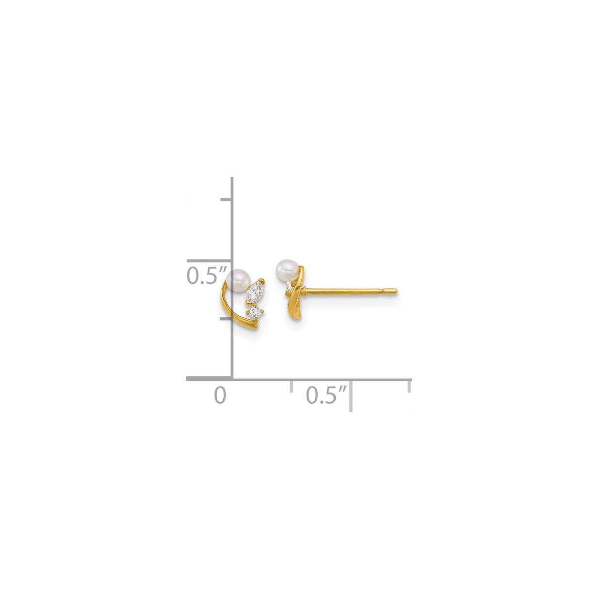 14k Yellow Gold Stud Earrings with Cultured Pearl and Cubic Zirconia Accents, Curved Design