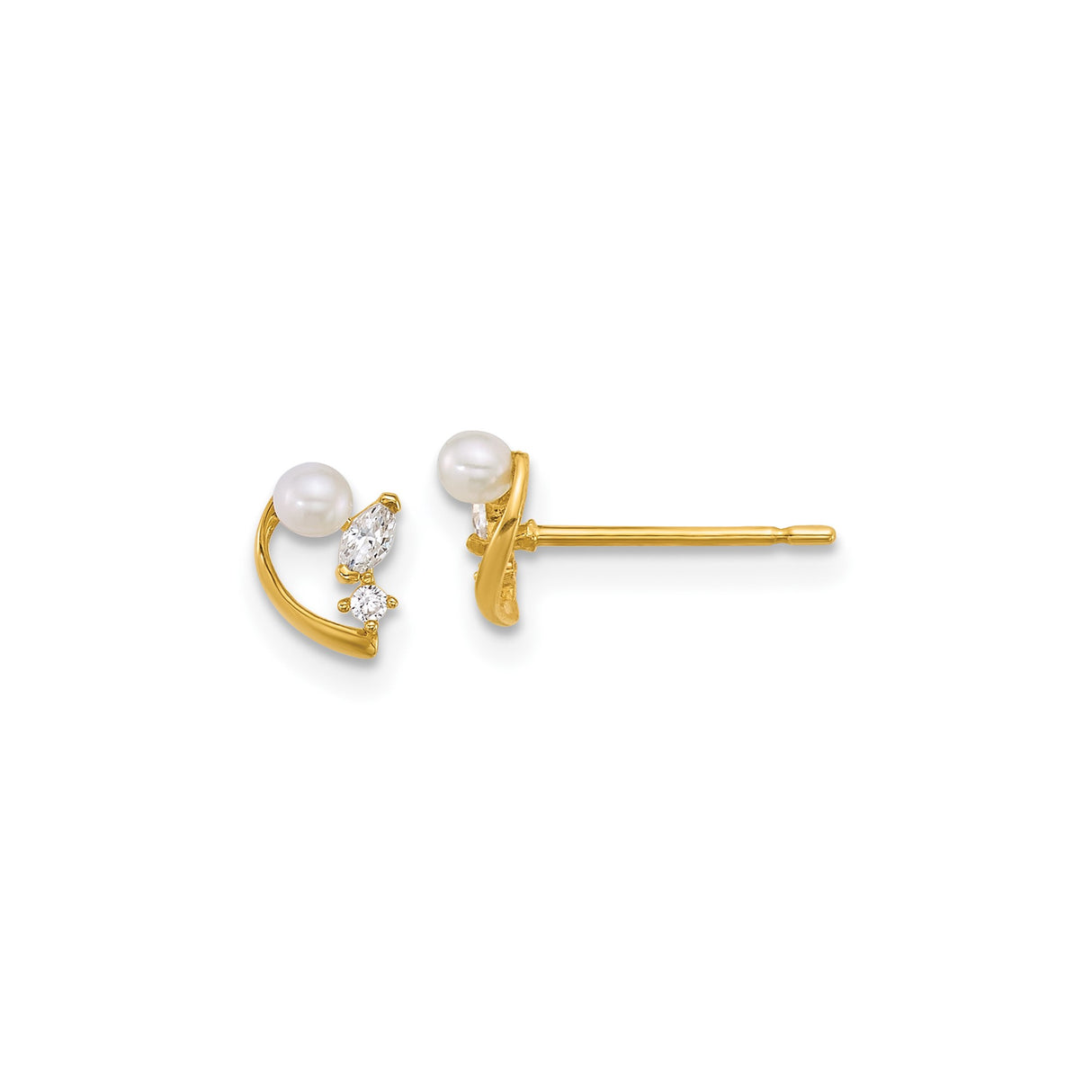 14k Yellow Gold Stud Earrings with Cultured Pearl and Cubic Zirconia Accents, Curved Design
