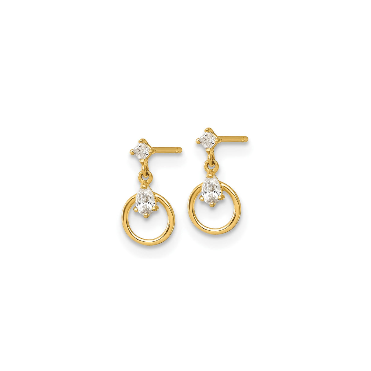 14k Yellow Gold Dangle Earrings with Pear Cubic Zirconia and Open Circle Design