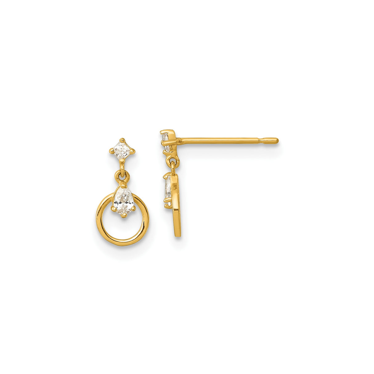 14k Yellow Gold Dangle Earrings with Pear Cubic Zirconia and Open Circle Design