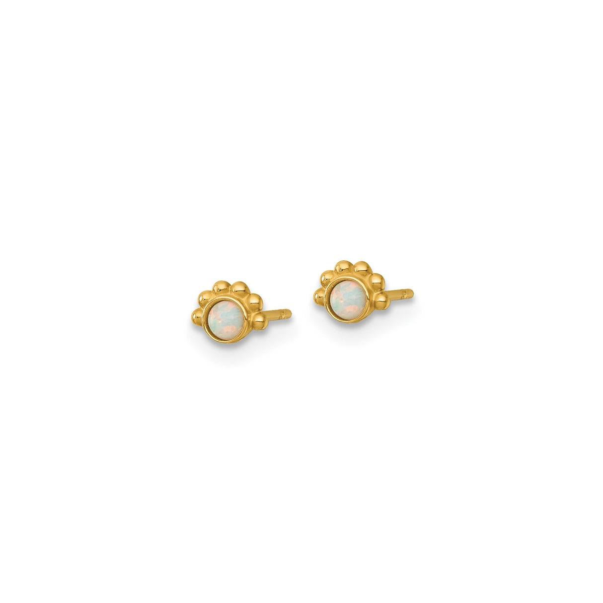 14k Yellow Gold Stud Earrings with Created Opal and Paw Print Design, Animal Motif for Women
