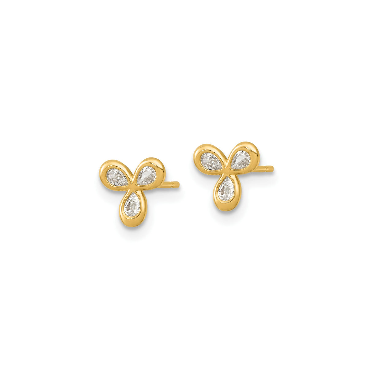 14k Yellow Gold Stud Earrings with Tear Shaped Cubic Zirconia, Trinity Clover Design