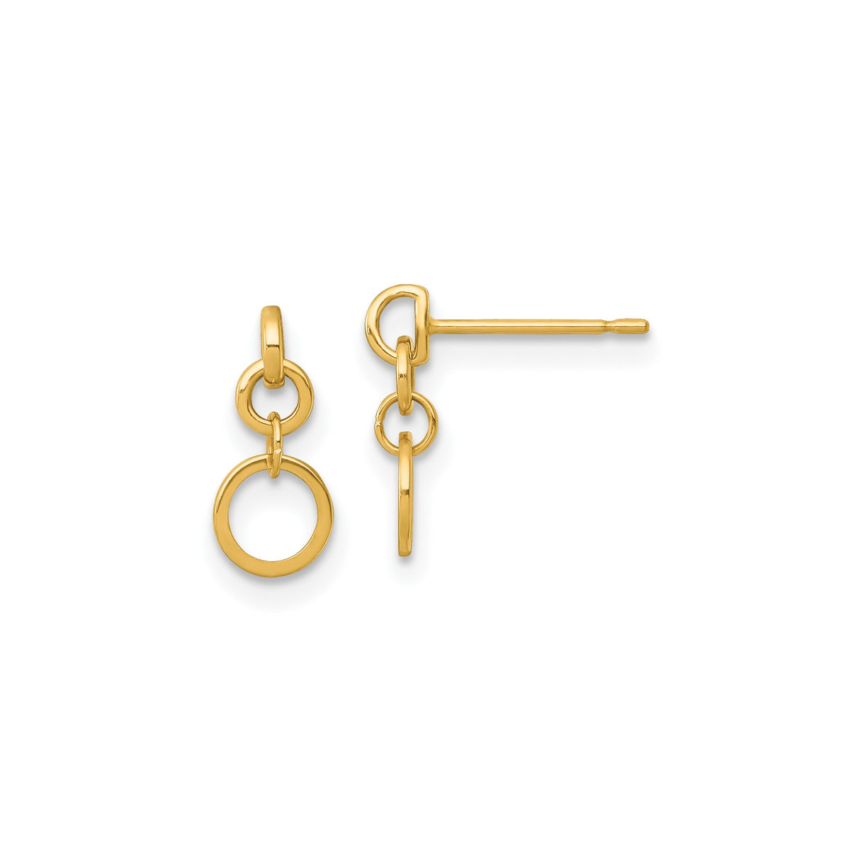 14k Yellow Gold Dangle Stud Earrings with Interlocking Open Circles, Minimalist Drop Style