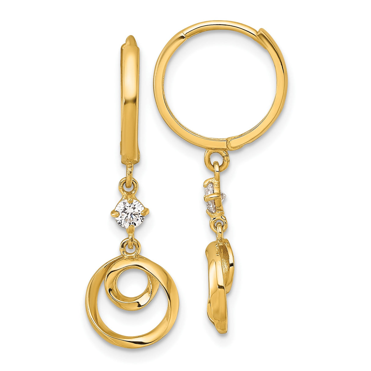 14k Yellow Gold Dangle Earrings with Cubic Zirconia, Intertwined Open Circle Design