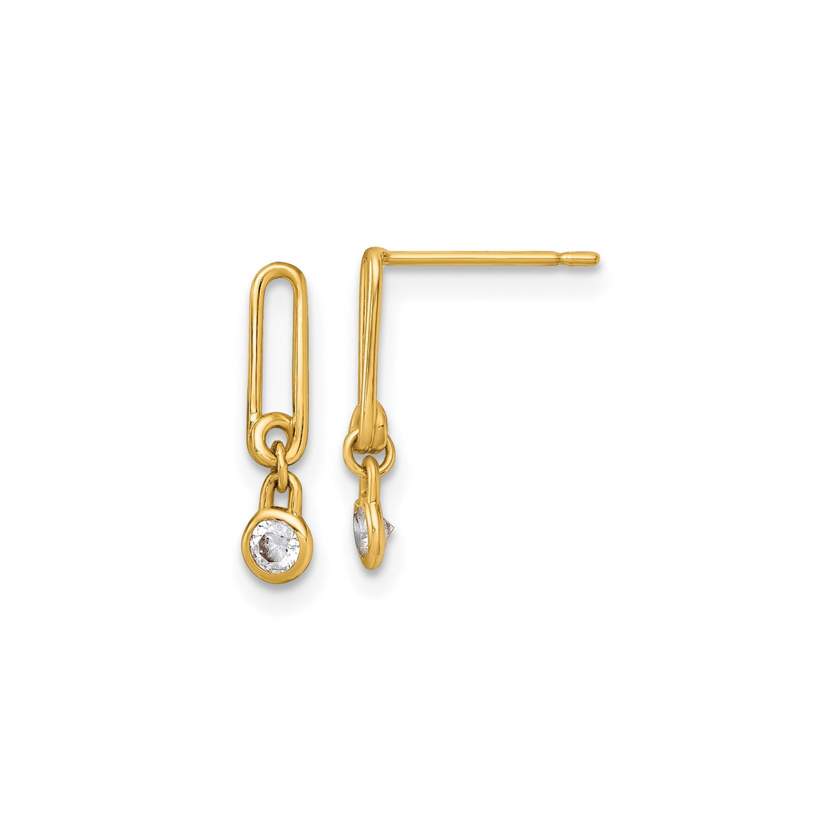 14k Yellow Gold Drop Earrings with Cubic Zirconia, Open Link Dangle Studs for Women