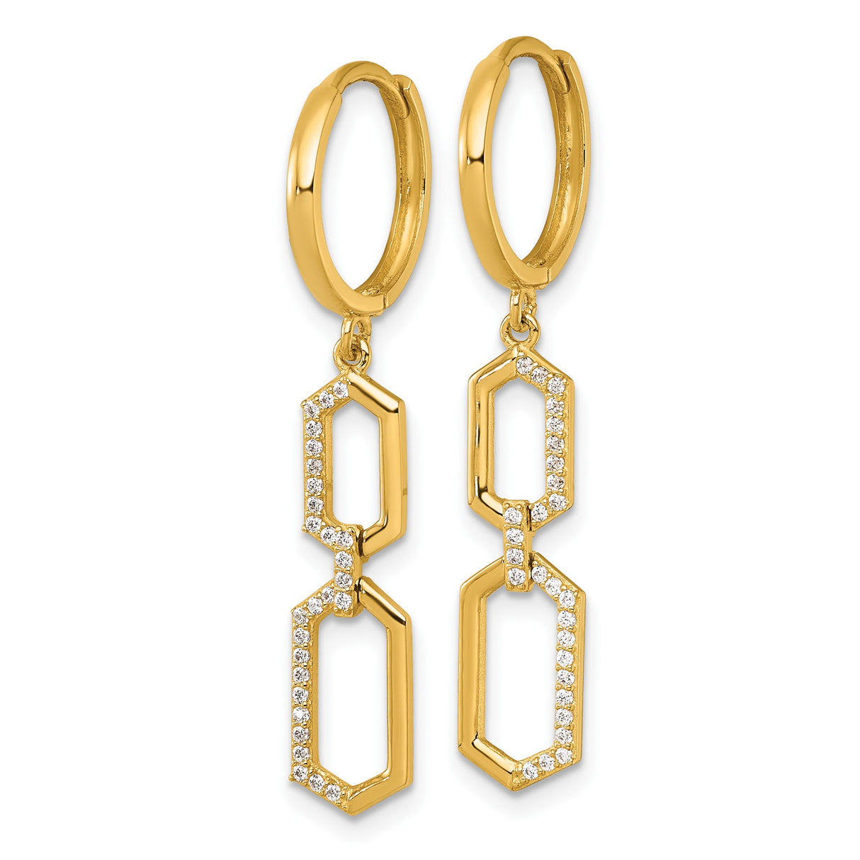14k Yellow Gold Dangle Earrings with Cubic Zirconia, Hexagon Link Geometric Hoop Design