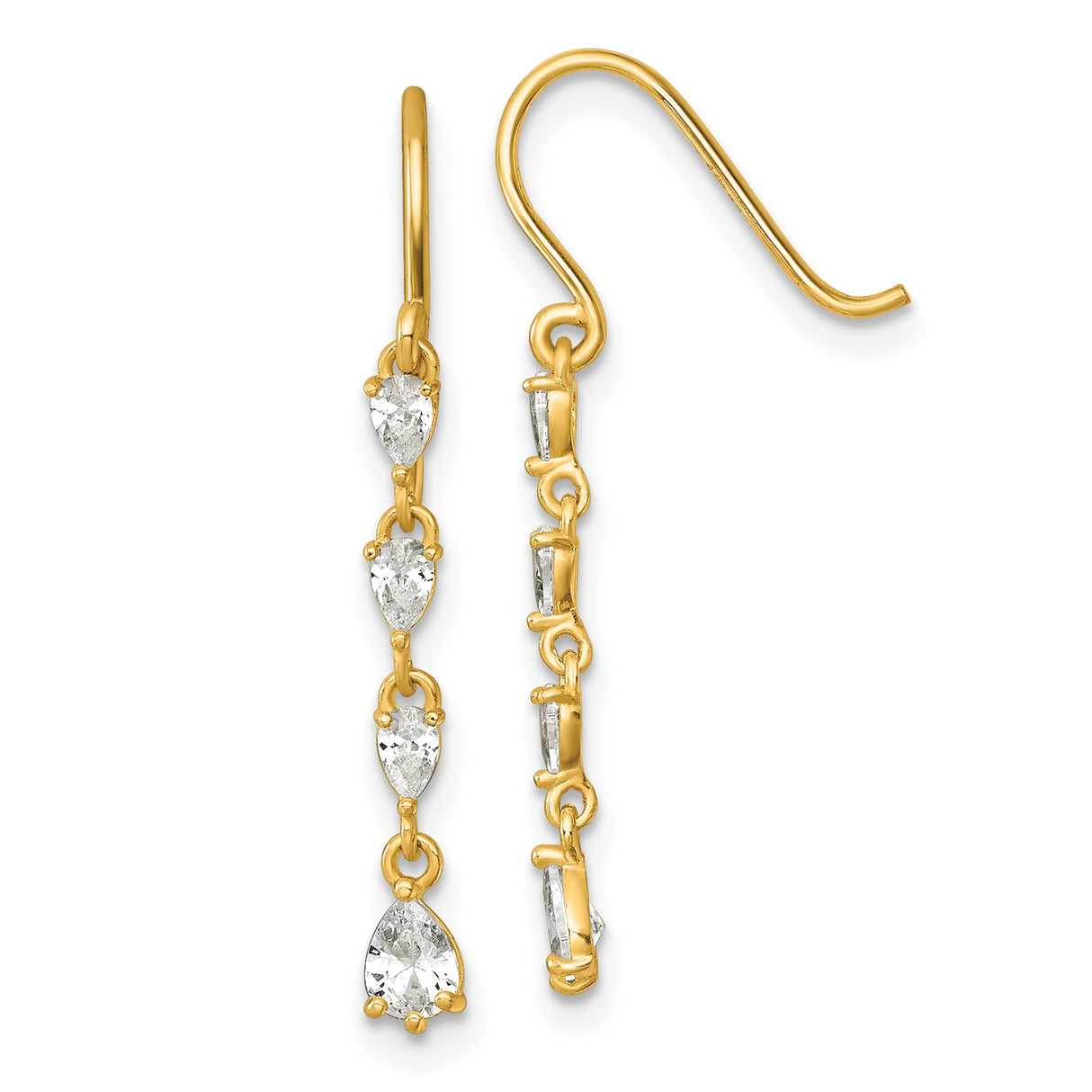 14k Yellow Gold Dangle Earrings with Pear Shape Cubic Zirconia, Vertical Drop Design