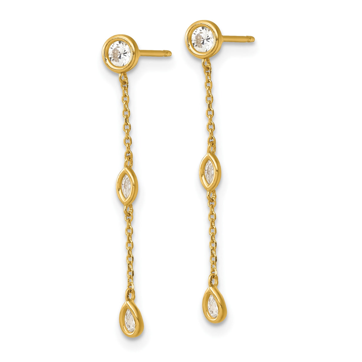 14k Yellow Gold Drop Earrings with Bezel Set Cubic Zirconia on Delicate Chain