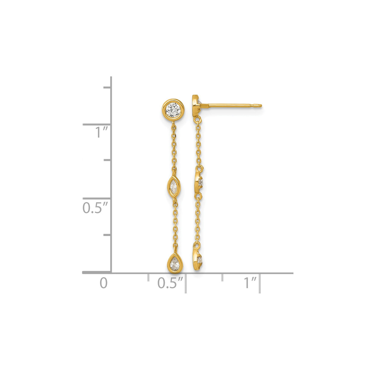 14k Yellow Gold Drop Earrings with Bezel Set Cubic Zirconia on Delicate Chain