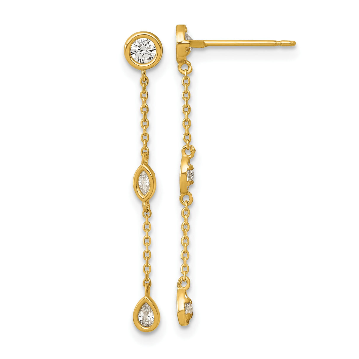 14k Yellow Gold Drop Earrings with Bezel Set Cubic Zirconia on Delicate Chain