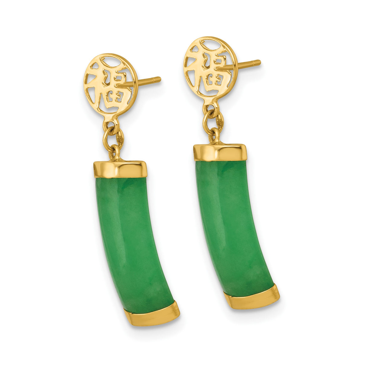 14k Yellow Gold Dangle Earrings with Green Jade Curved Bars and Chinese Fu Symbol