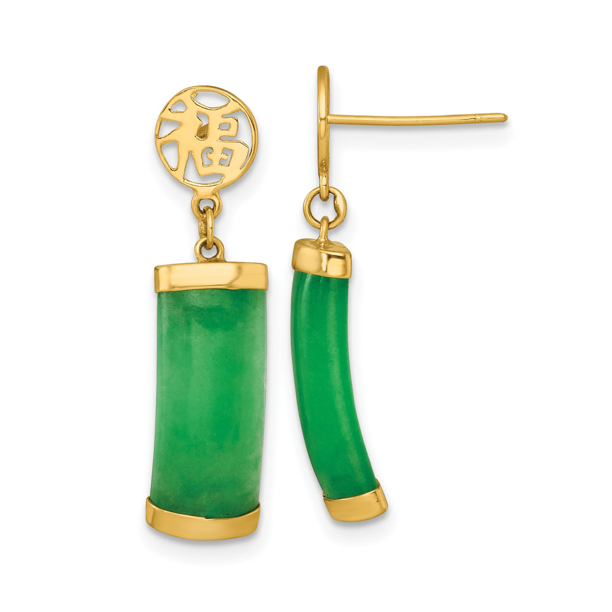 14k Yellow Gold Dangle Earrings with Green Jade Curved Bars and Chinese Fu Symbol