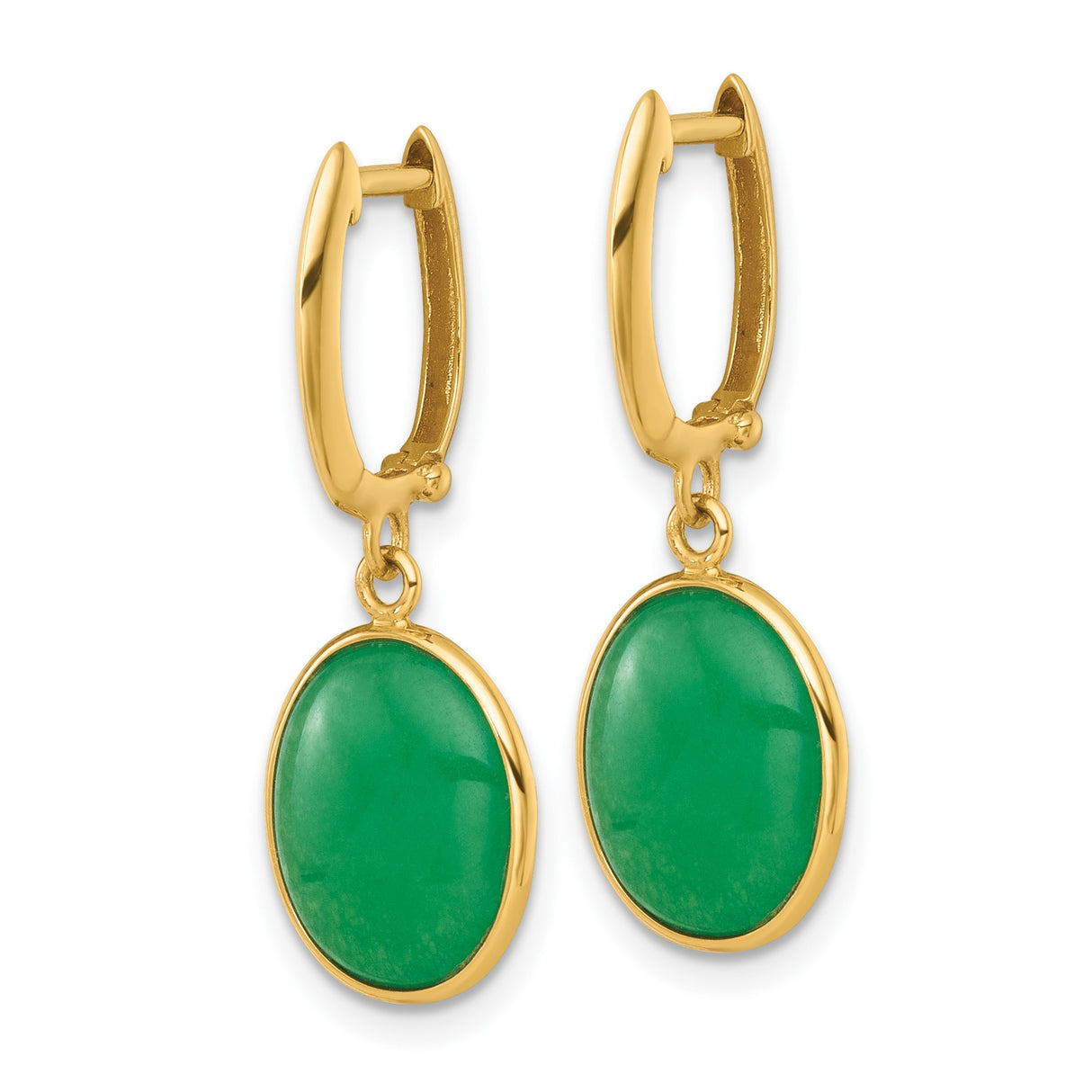 14k Yellow Gold Dangle Earrings with Oval Green Jade, Asian Inspired Design for Women