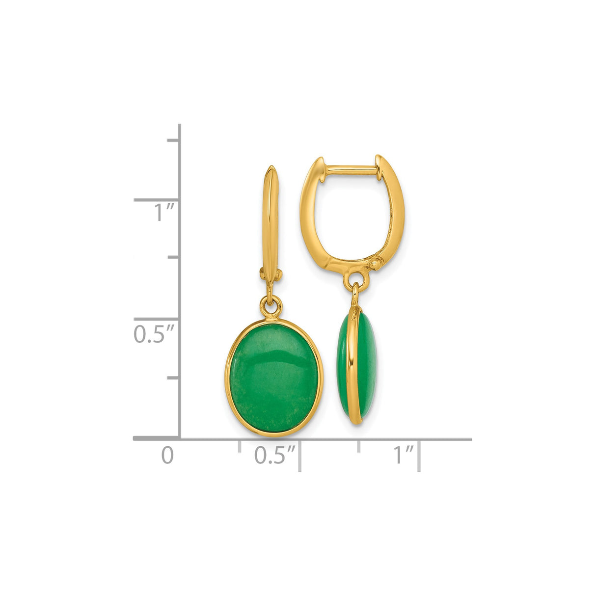 14k Yellow Gold Dangle Earrings with Oval Green Jade, Asian Inspired Design for Women