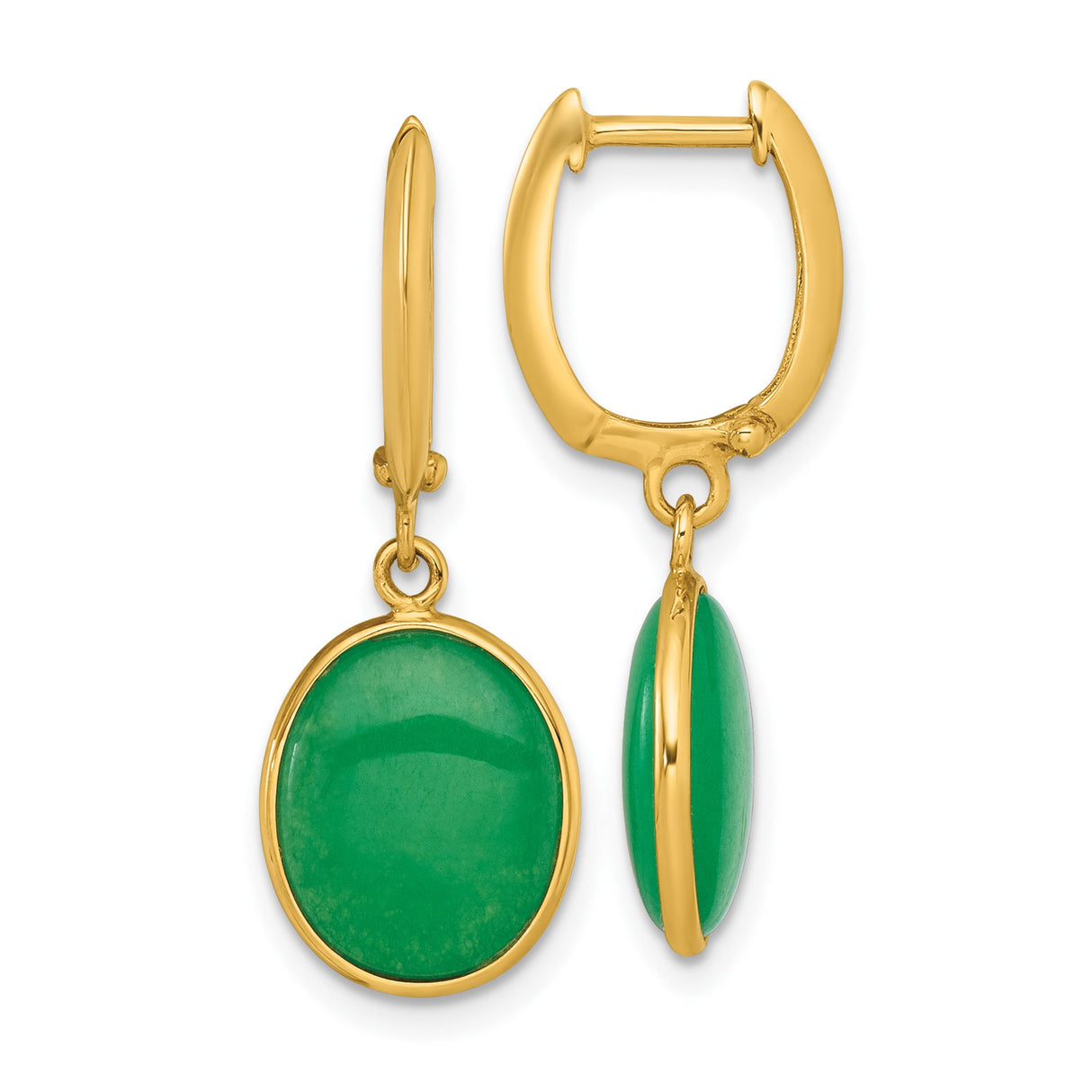 14k Yellow Gold Dangle Earrings with Oval Green Jade, Asian Inspired Design for Women
