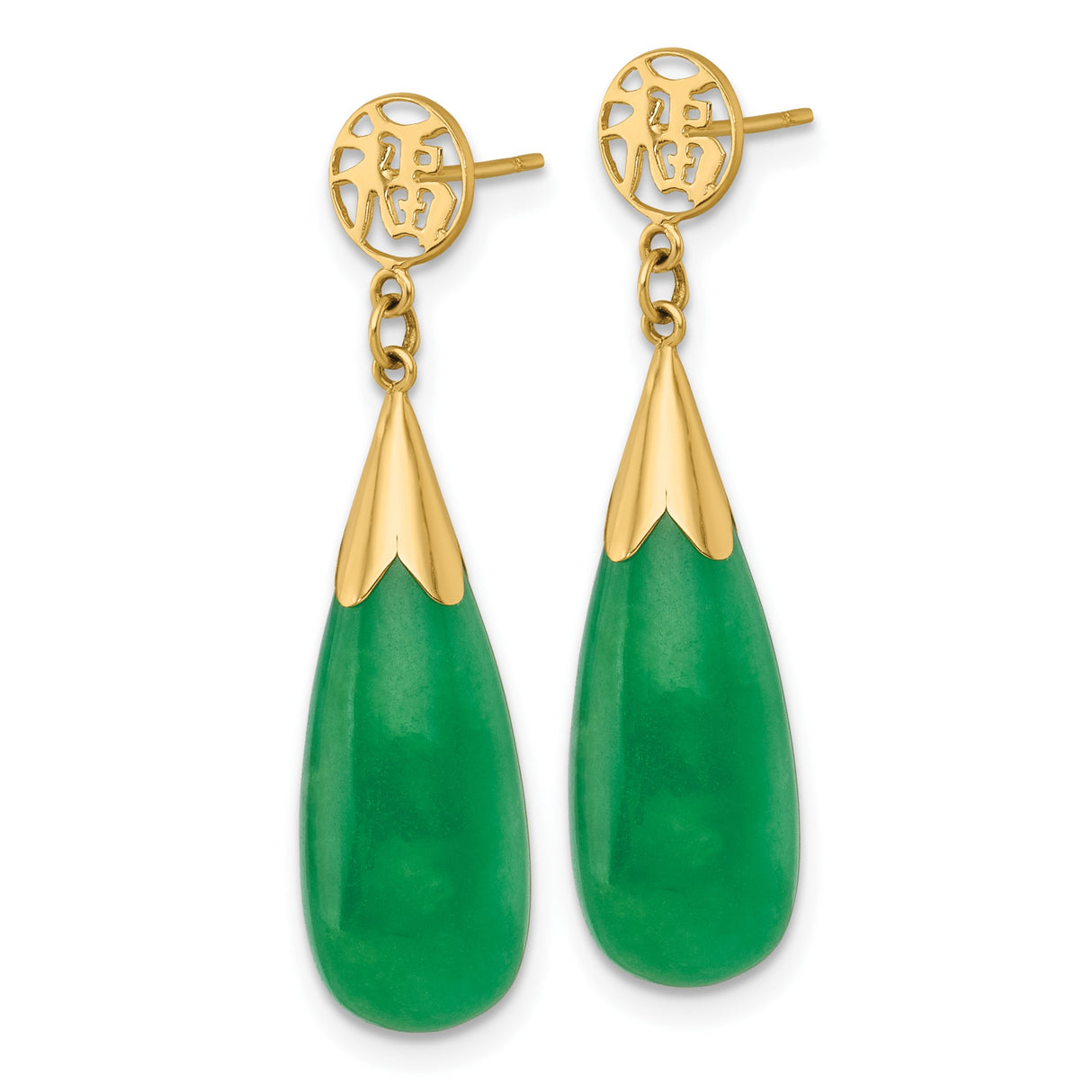 14k Yellow Gold Dangle Earrings with Green Jade Teardrop and Fu Symbol Charm, Asian Design