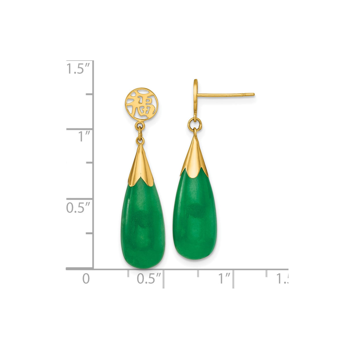 14k Yellow Gold Dangle Earrings with Green Jade Teardrop and Fu Symbol Charm, Asian Design