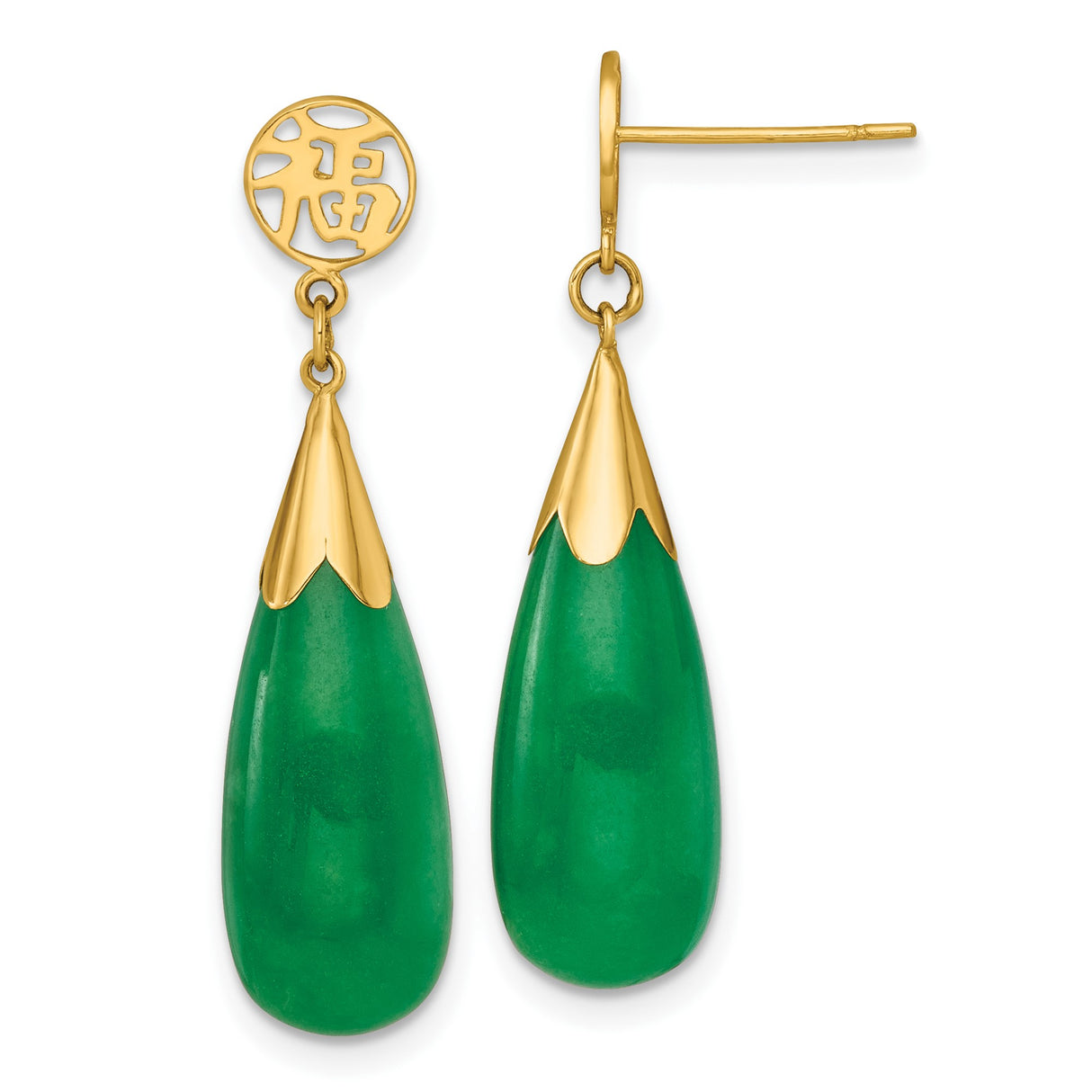 14k Yellow Gold Dangle Earrings with Green Jade Teardrop and Fu Symbol Charm, Asian Design