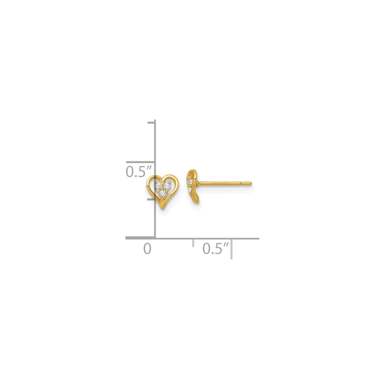 14k Yellow Gold Heart Stud Earrings with Cubic Zirconia, Open Heart Design for Women