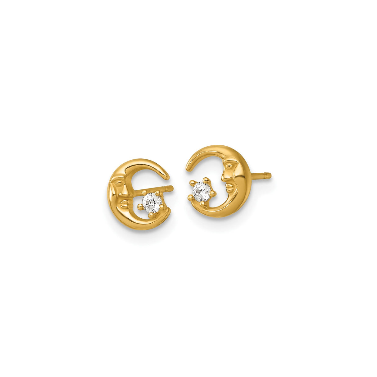 14k Yellow Gold Crescent Moon Face Stud Earrings with Cubic Zirconia Star, Celestial Theme