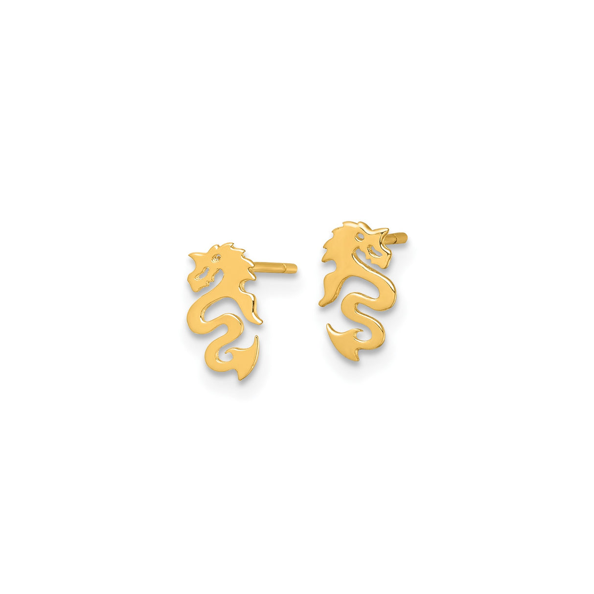 14k Yellow Gold Dragon Stud Earrings, Asian Motif Mythical Design for Men and Women