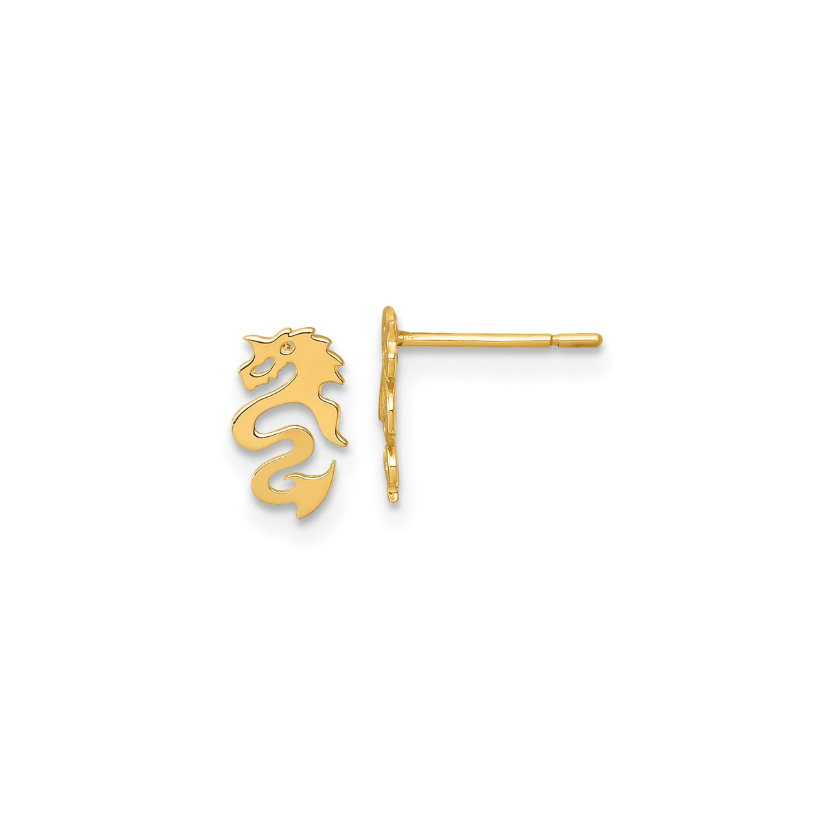 14k Yellow Gold Dragon Stud Earrings, Asian Motif Mythical Design for Men and Women