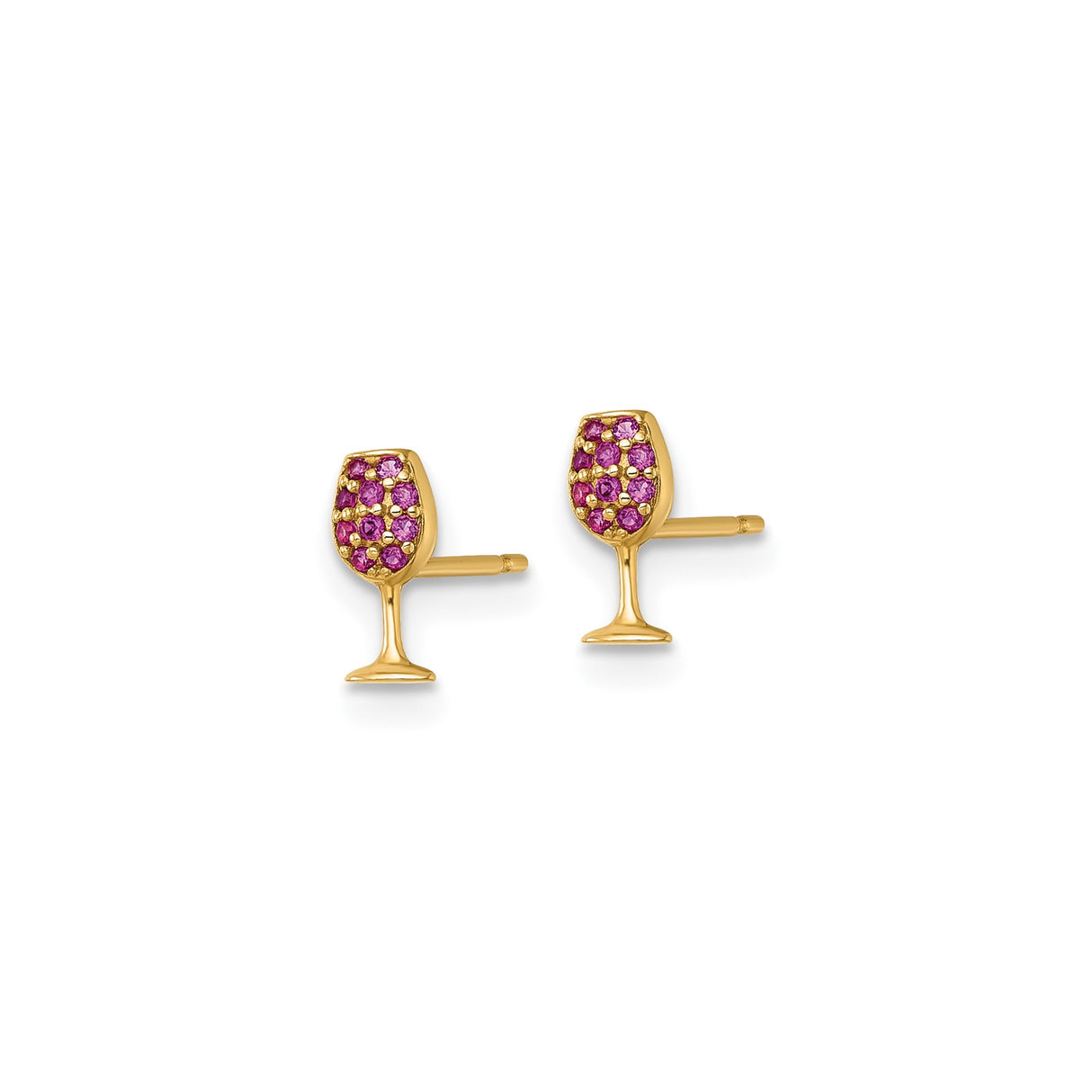 14k Yellow Gold Wine Glass Stud Earrings with Pink Gemstone Accents, Party Theme Jewelry for Women