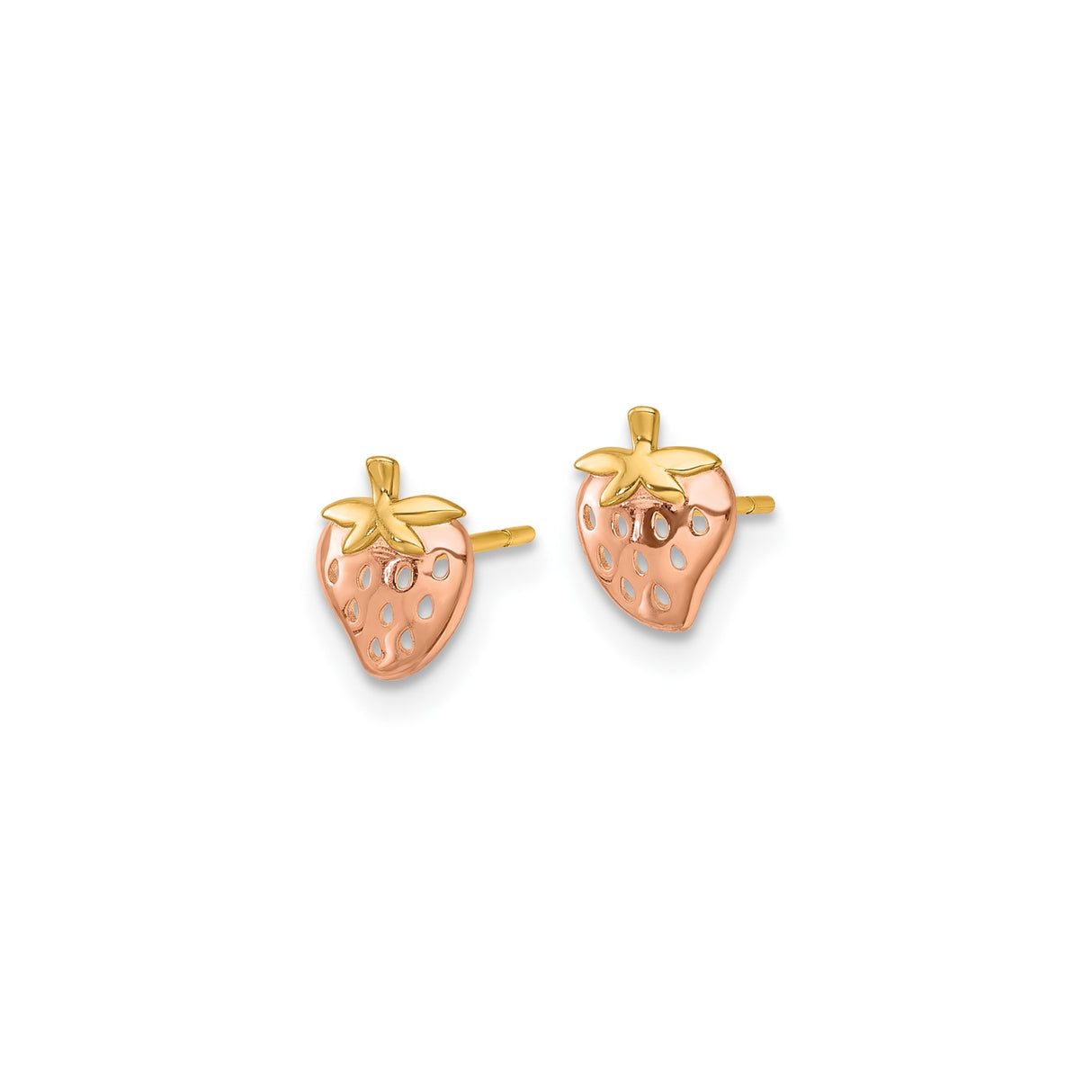 14k Yellow Gold Strawberry Stud Earrings with Pink Enamel, Whimsical Fruit Design for Women or Girls