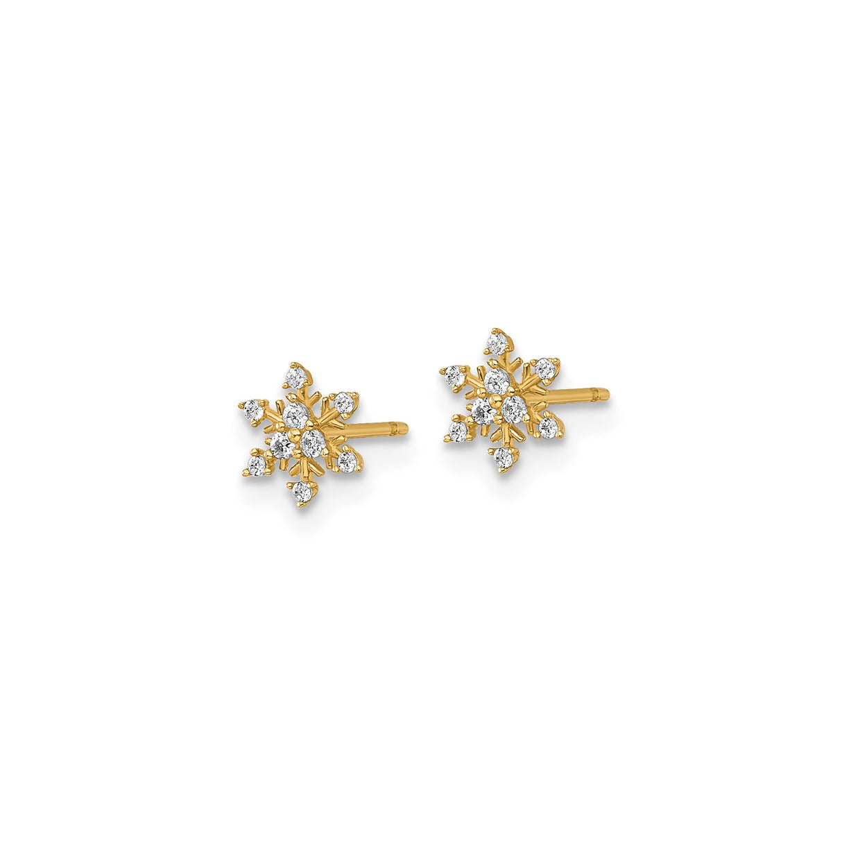 14k Yellow Gold Snowflake Stud Earrings with Cubic Zirconia, Winter Holiday Jewelry for Women
