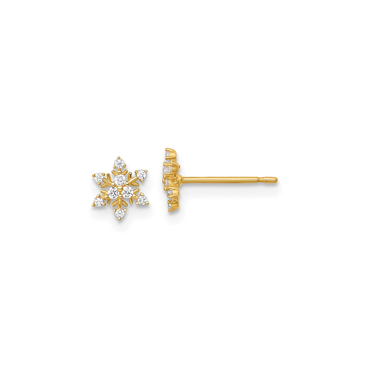 14k Yellow Gold Snowflake Stud Earrings with Cubic Zirconia, Winter Holiday Jewelry for Women