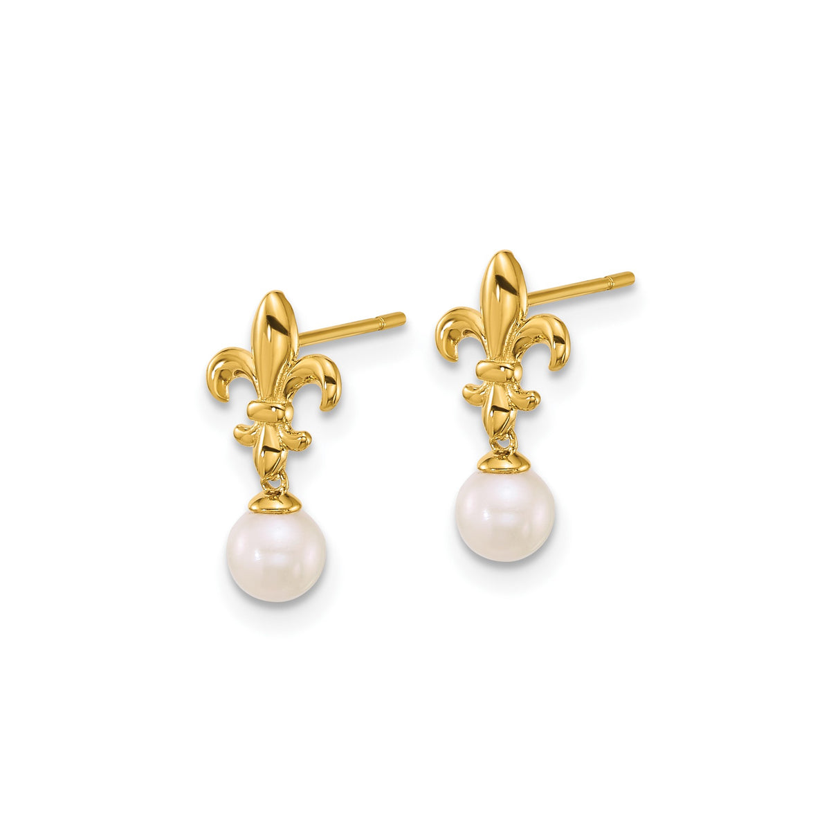 14k Yellow Gold Dangle Earrings with Cultured Pearls and Fleur de Lis Design