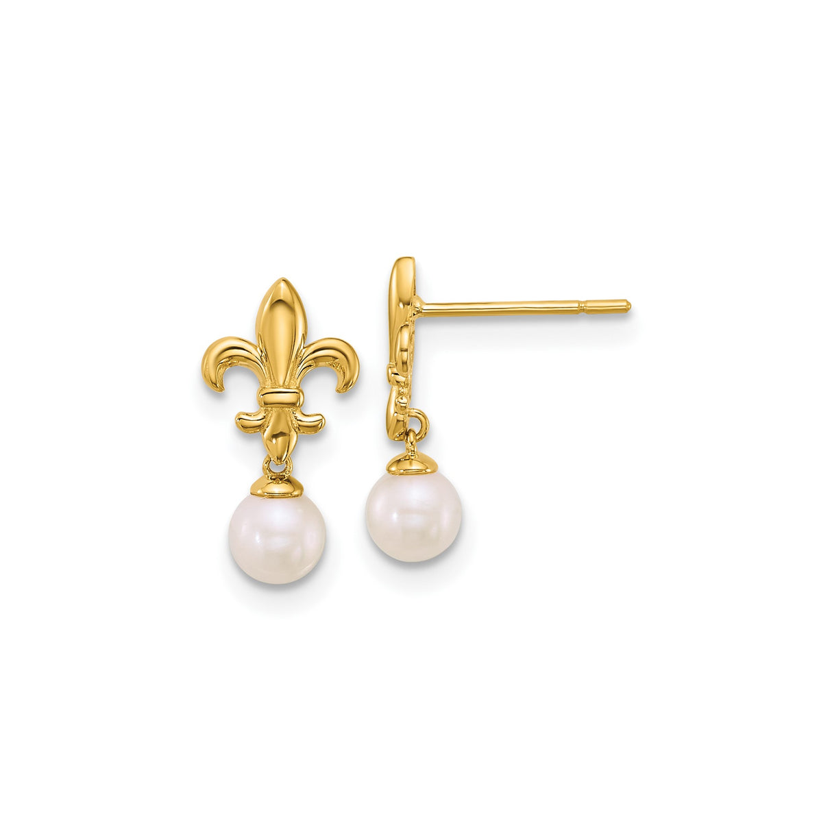 14k Yellow Gold Dangle Earrings with Cultured Pearls and Fleur de Lis Design