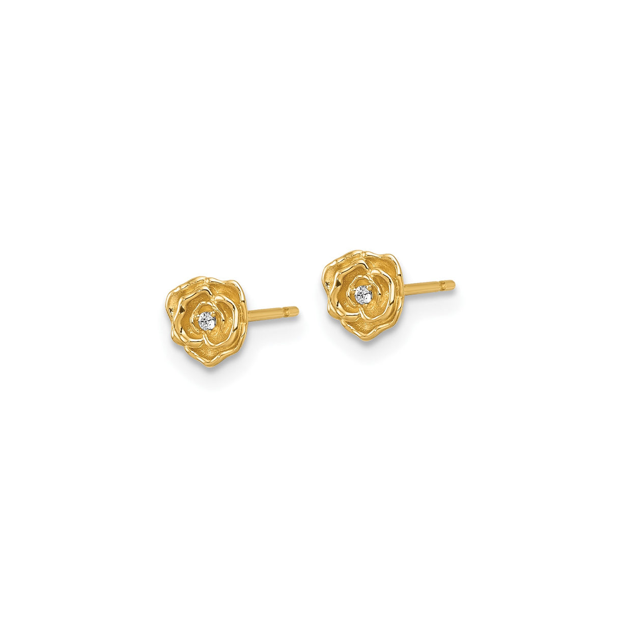 14k Yellow Gold Rose Stud Earrings with Cubic Zirconia Center, Floral Design for Women