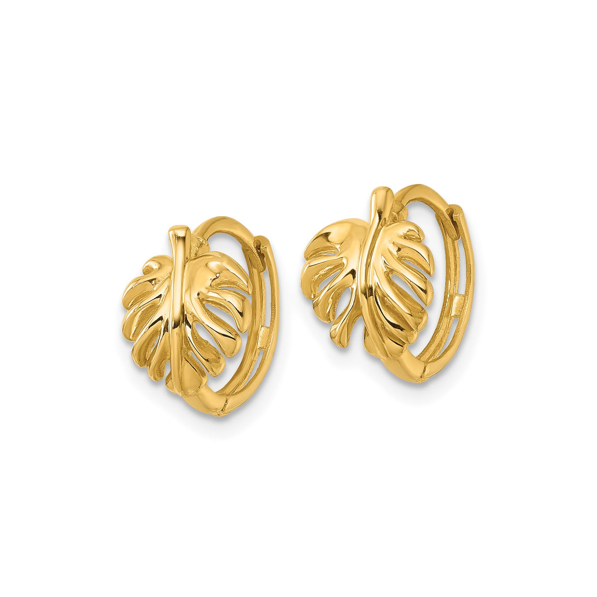 14k Yellow Gold Hoop Earrings with Monstera Leaf Design, Boho Botanical Style for Women