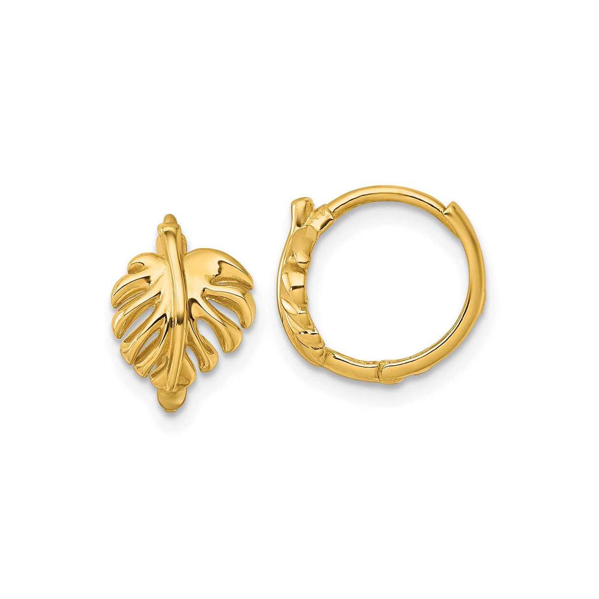 14k Yellow Gold Hoop Earrings with Monstera Leaf Design, Boho Botanical Style for Women