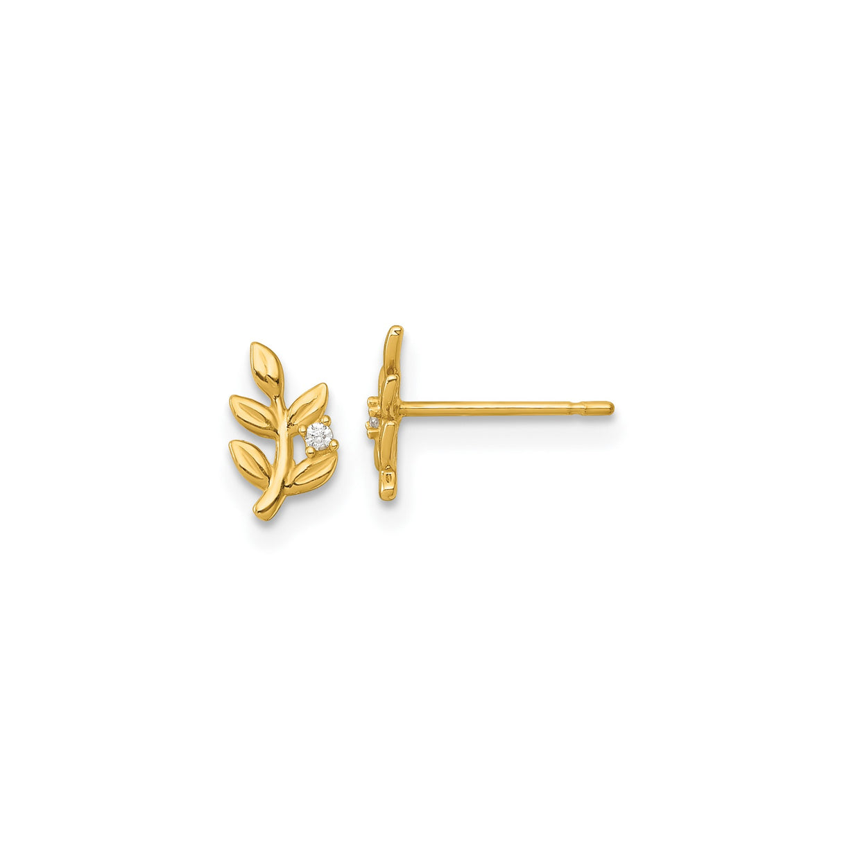 14k Yellow Gold Leaf Branch Stud Earrings with Cubic Zirconia, Botanical Minimalist Design