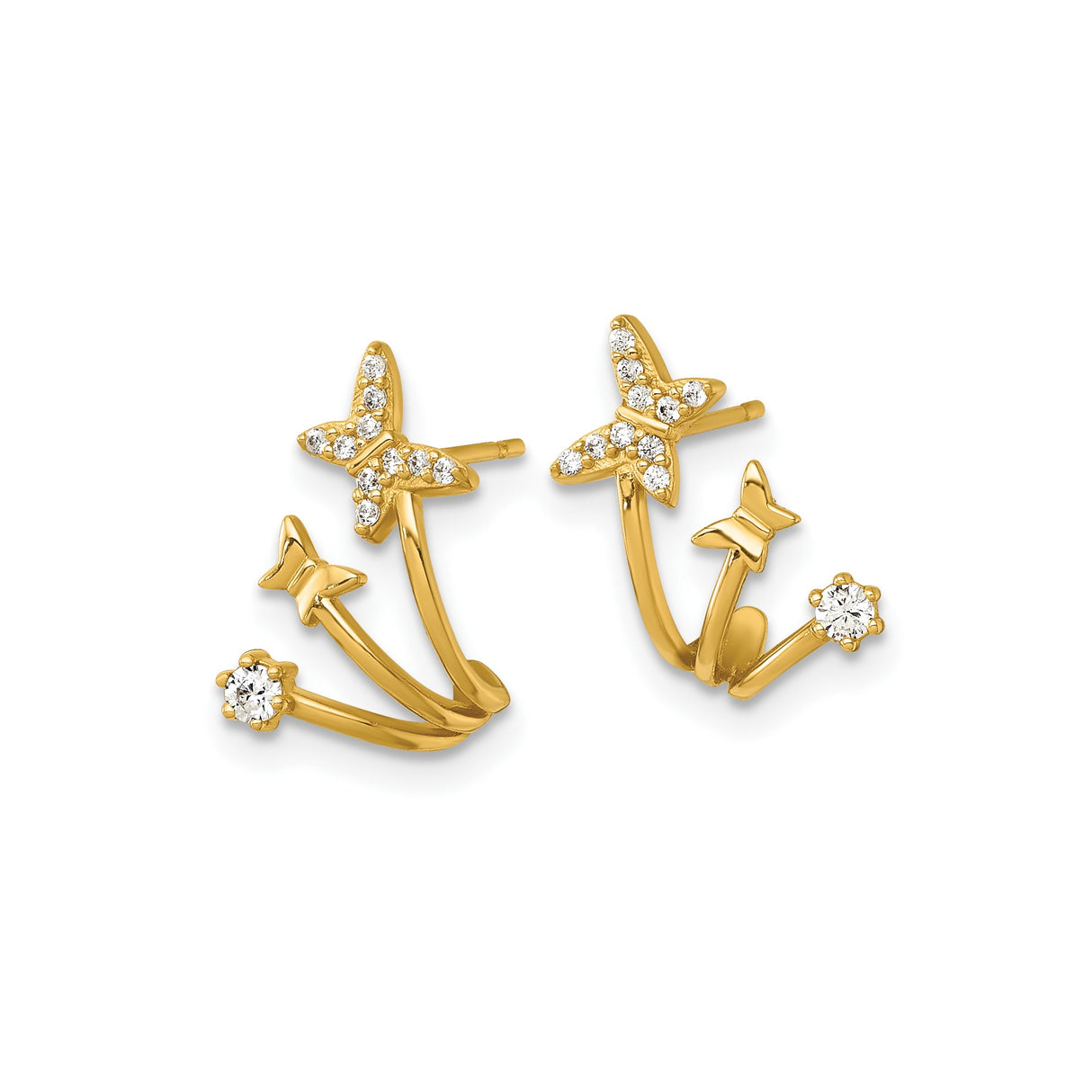 14k Yellow Gold Butterfly Ear Jackets with Cubic Zirconia, Floral Motif, Nature-Inspired Design