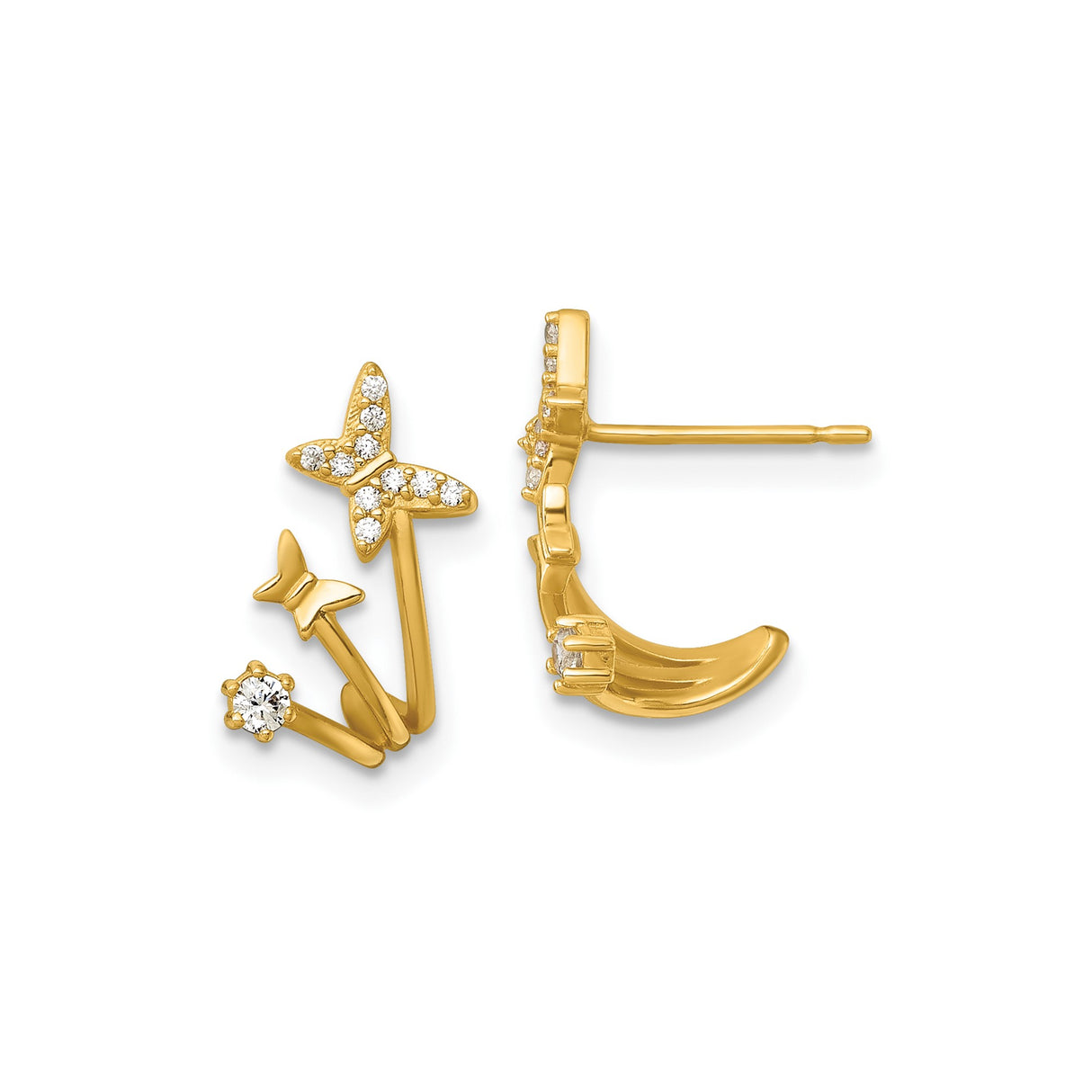 14k Yellow Gold Butterfly Ear Jackets with Cubic Zirconia, Floral Motif, Nature-Inspired Design