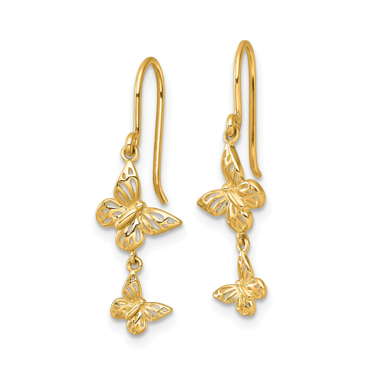 14k Yellow Gold Dangle Earrings with Butterfly Charms, Nature-Inspired Drop Design for Women