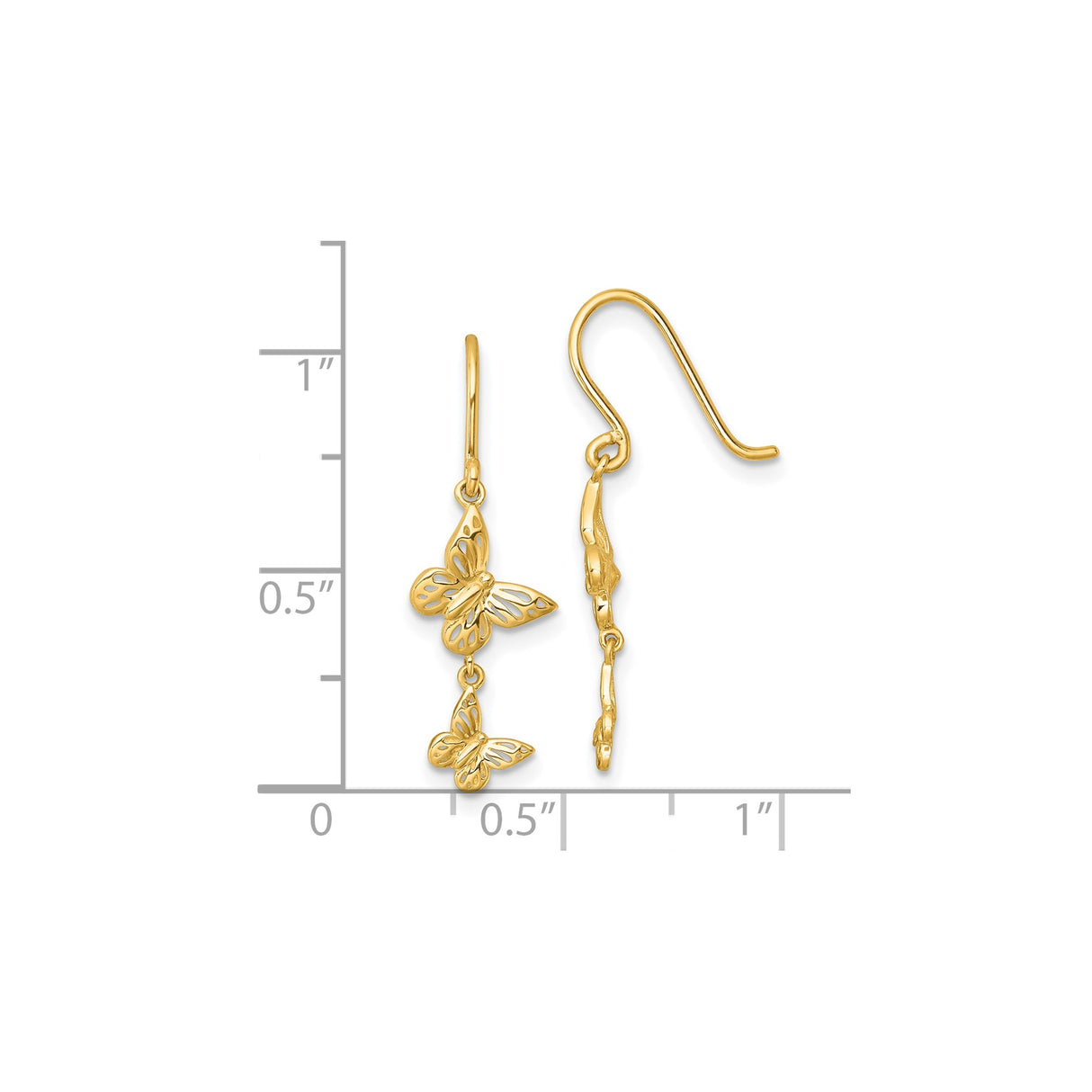 14k Yellow Gold Dangle Earrings with Butterfly Charms, Nature-Inspired Drop Design for Women