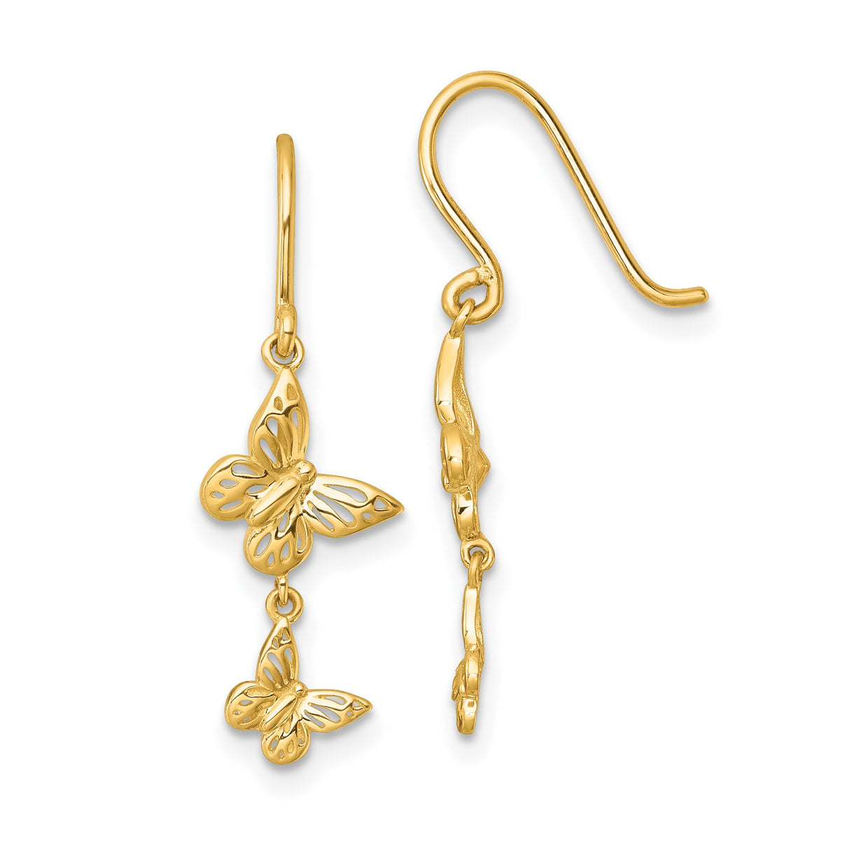 14k Yellow Gold Dangle Earrings with Butterfly Charms, Nature-Inspired Drop Design for Women